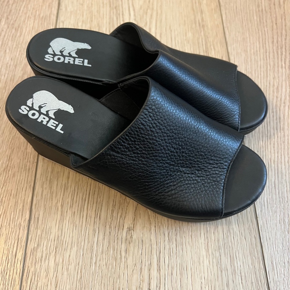 Sorel NWOB Cameron Sorel Leather  Black Wedge Slide Sandals. Womens 8
